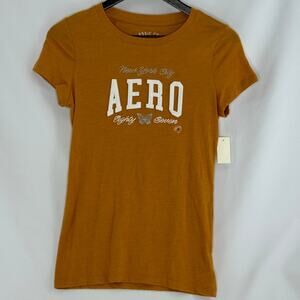 Aeropostale NYC Embroidered T-Shirt Womens Med Mustard Yellow Classic Crew Fall